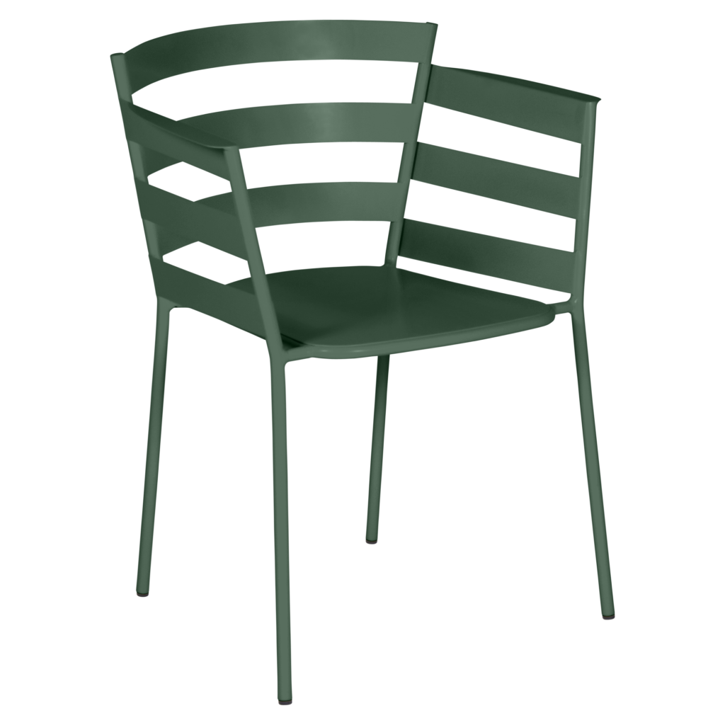 Chaise Fauteuil Rythmic en métal vert foncé avec dossier et assise à lattes, dotée de quatre pieds droits.