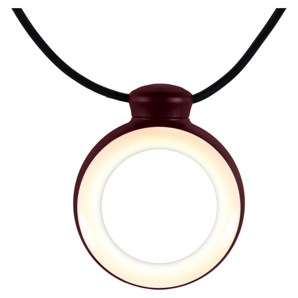 Un pendentif Guirlande Hoop circulaire avec un boîtier extérieur marron et un anneau blanc brillant est suspendu à un cordon noir, ajoutant une touche de décoration élégante à n'importe quel look.