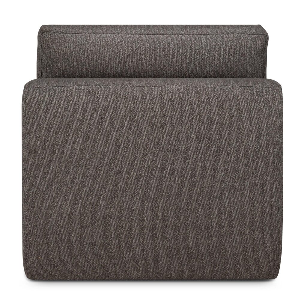 Un pouf rembourré gris de la collection Canapé Mellow, présentant une forme rectangulaire et une finition en granit écologique, vu de dessus sur un fond blanc.