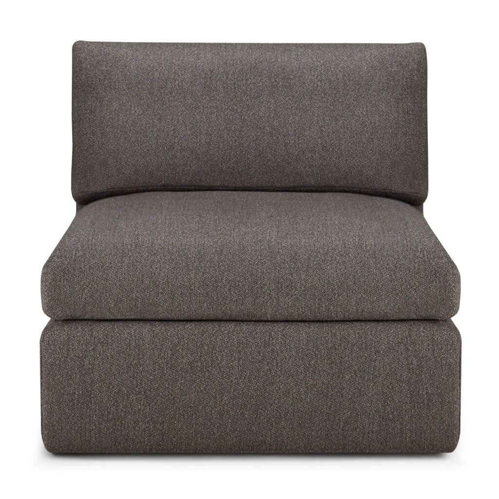 Vue de face d'une chaise moderne sans accoudoirs de la collection Canapé Mellow recouverte de tissu texturé éco-granit gris foncé, avec une assise et un dossier carrés.