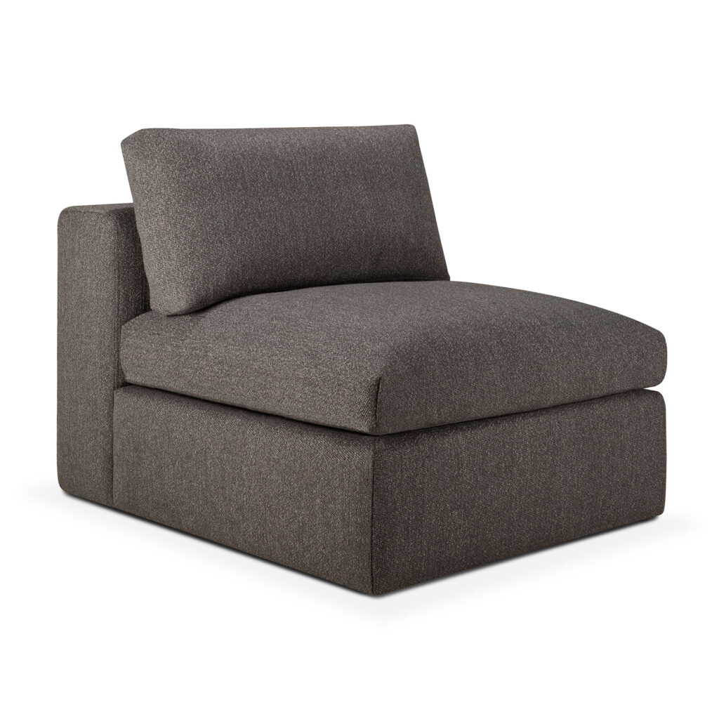 Une chaise longue moderne sans accoudoirs avec un revêtement écologique en granit gris foncé, dotée d'une assise large, d'un dossier bas et d'un rembourrage moelleux, parfaite comme module 1 place dans votre configuration Canapé Mellow.
