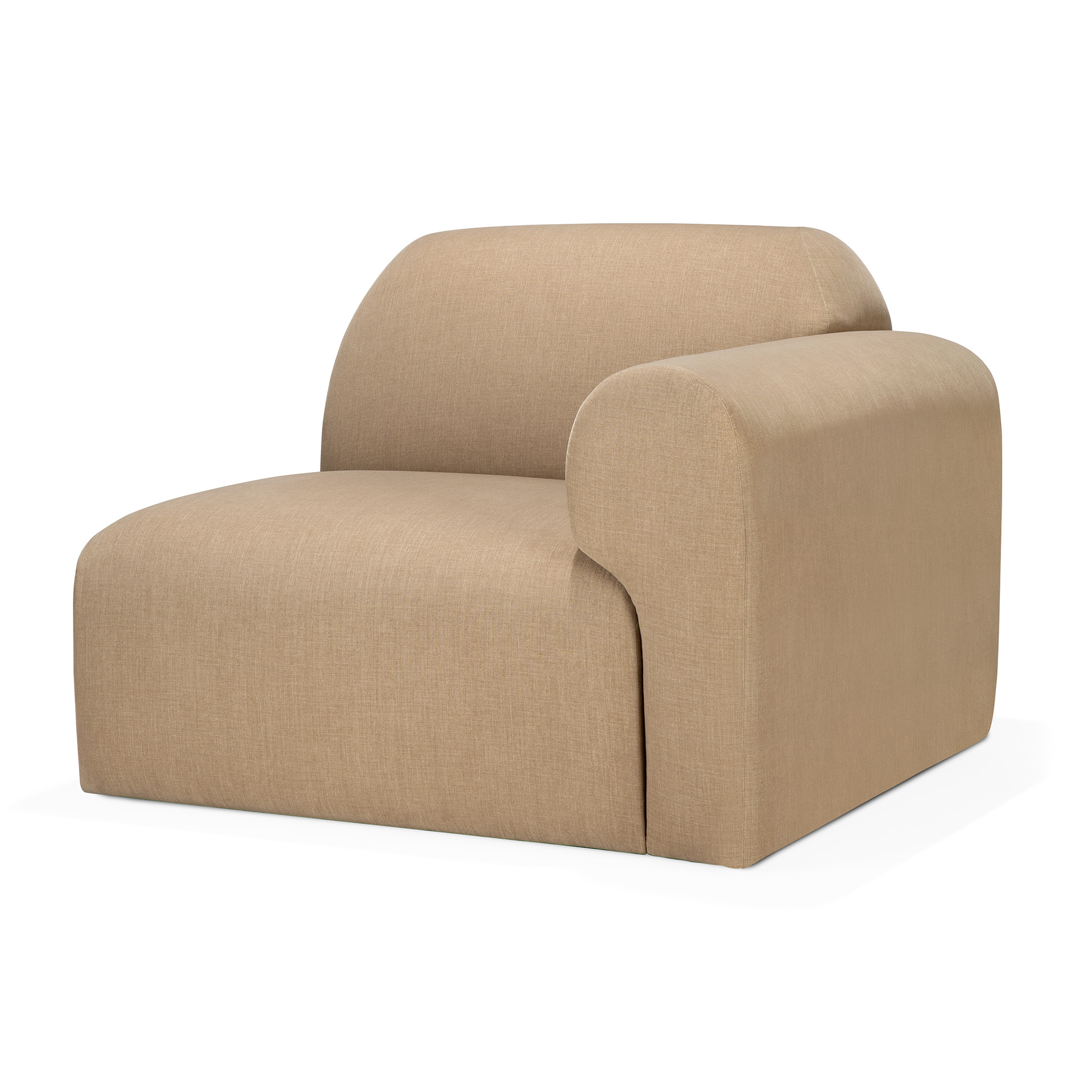 Fauteuil canapé beige moderne, sans accoudoirs, avec un seul accoudoir droit et des bords lisses et arrondis.