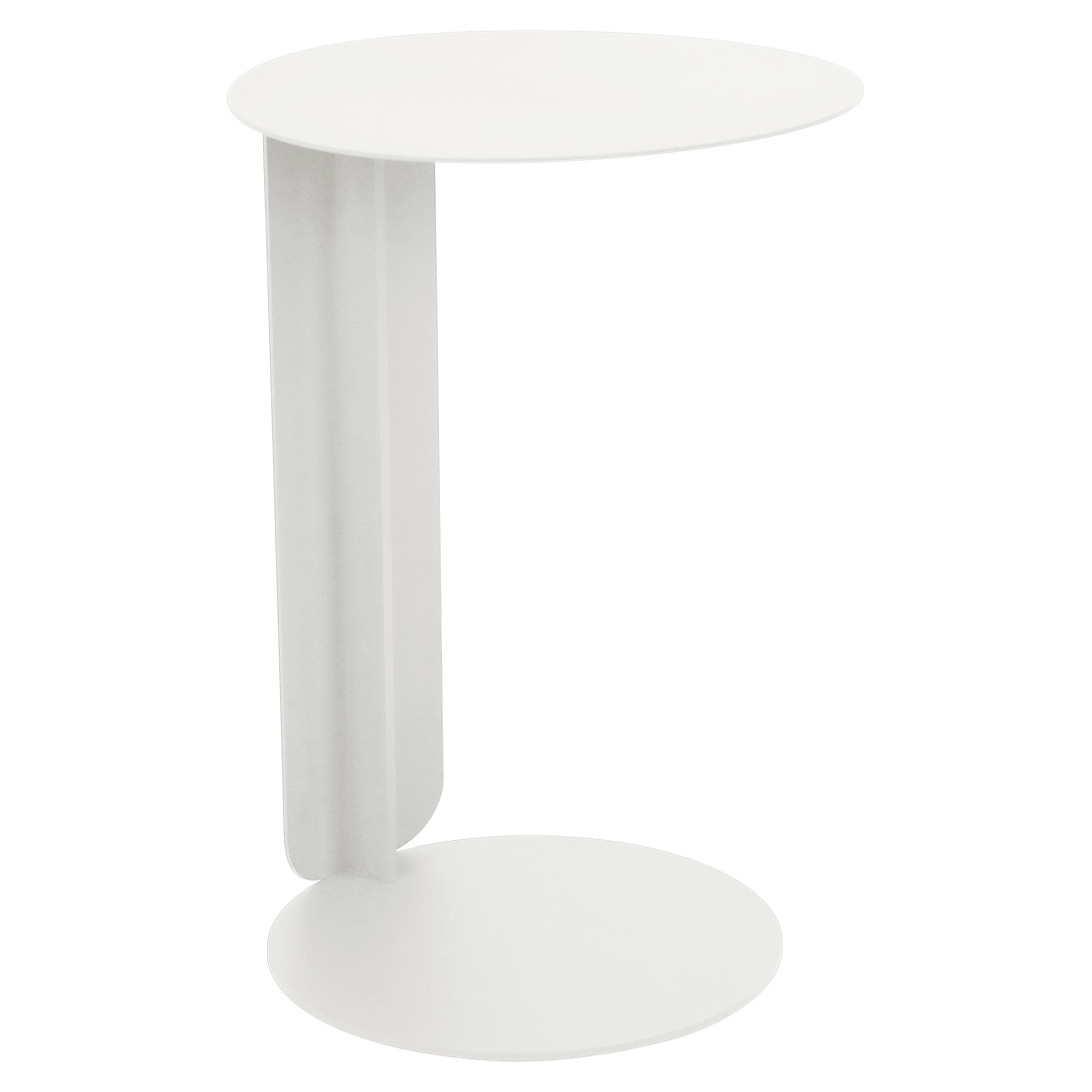 Une petite table moderne blanche déportée avec un plateau et une base circulaires reliés par un support vertical plat sur un côté, parfaite pour ajouter une touche Bebop contemporaine à n'importe quel espace.