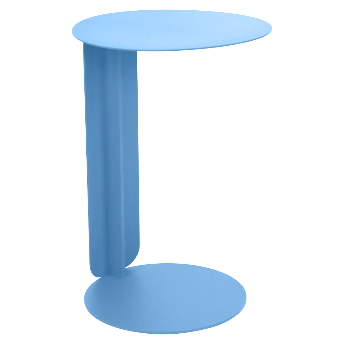 Table d'appoint bleue, moderne et minimaliste, inspirée du style Bebop, avec un plateau et une base ronds reliés par un seul panneau vertical.