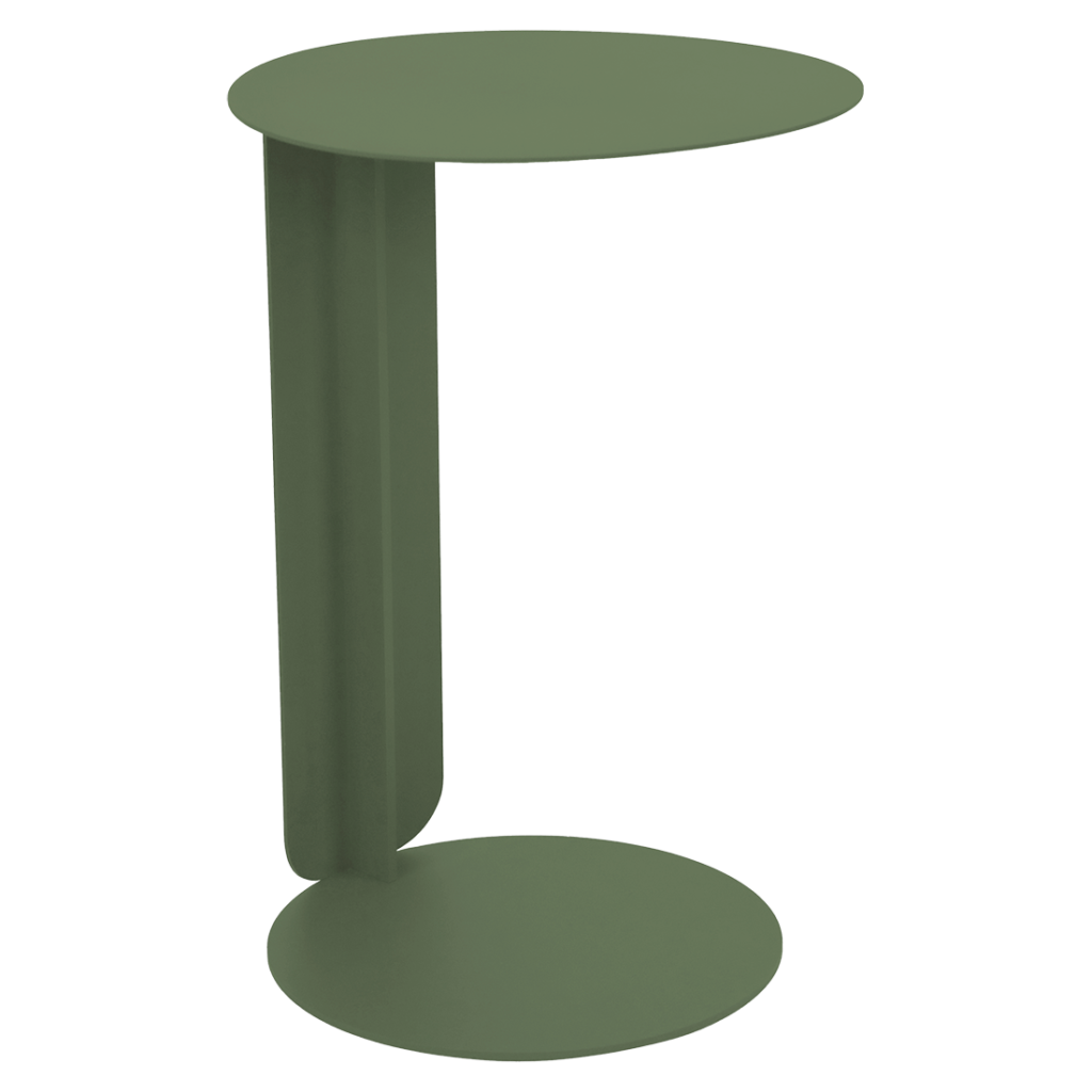 Petite table d'appoint Bebop, ronde et verte, au design minimaliste, avec un seul support vertical reliant les surfaces circulaires supérieure et inférieure.