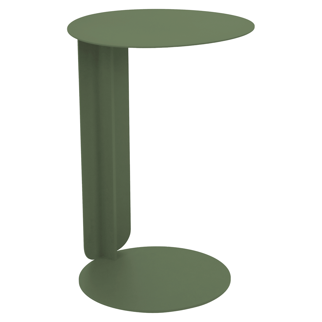 Petite table d'appoint Bebop, ronde et verte, au design minimaliste, avec un seul support vertical reliant les surfaces circulaires supérieure et inférieure.