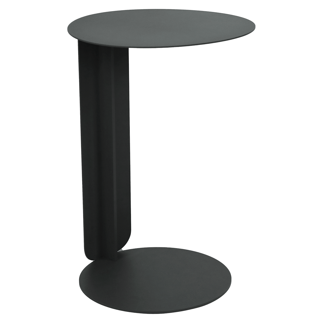 Petite table d'appoint moderne Bebop en métal noir, avec un plateau et une base ronds reliés par un support vertical incurvé.