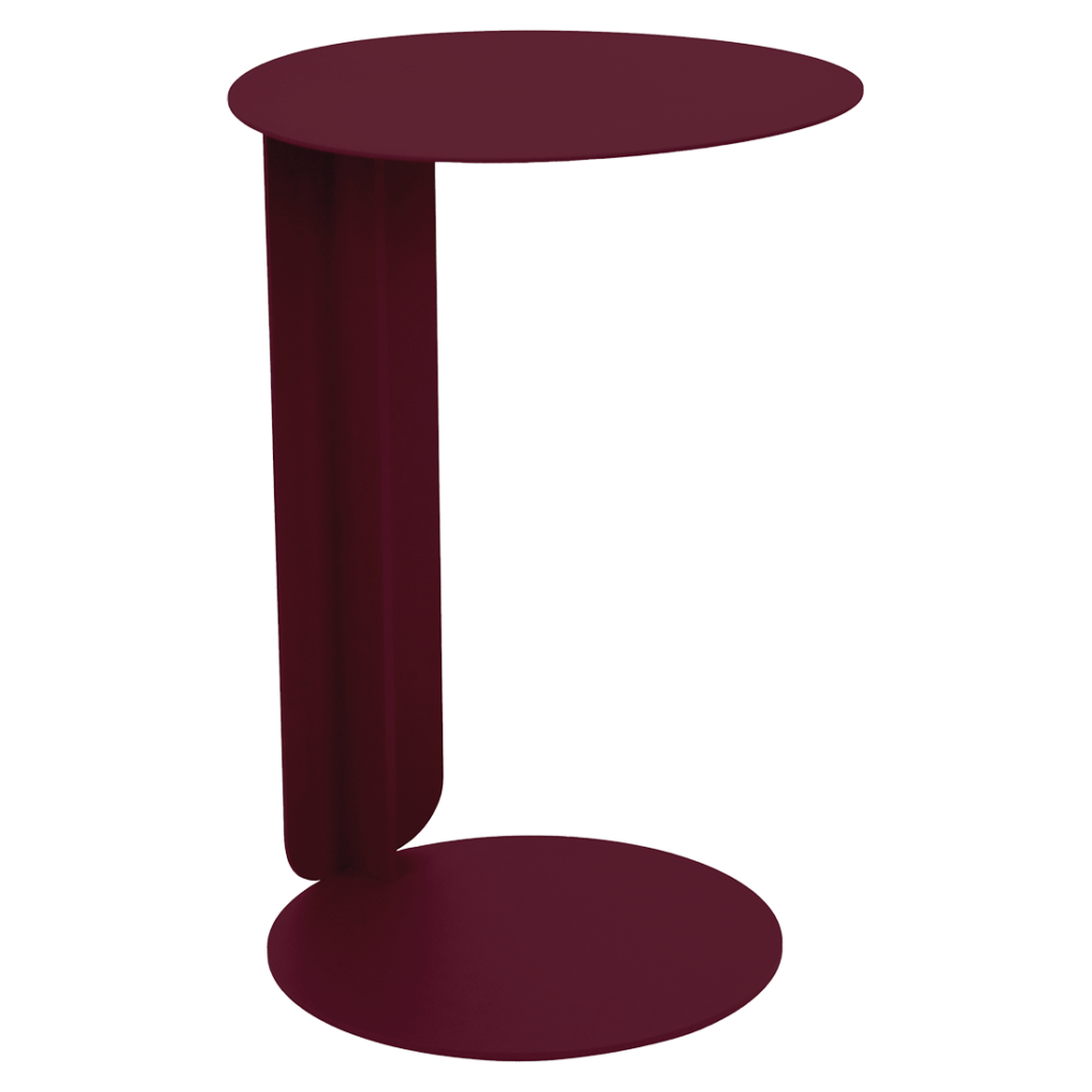 Table d'appoint moderne et minimaliste en marron, inspirée de la collection Bebop, avec un plateau et une base ronds avec un seul support vertical les reliant d'un côté - parfait pour une table déportée chic.