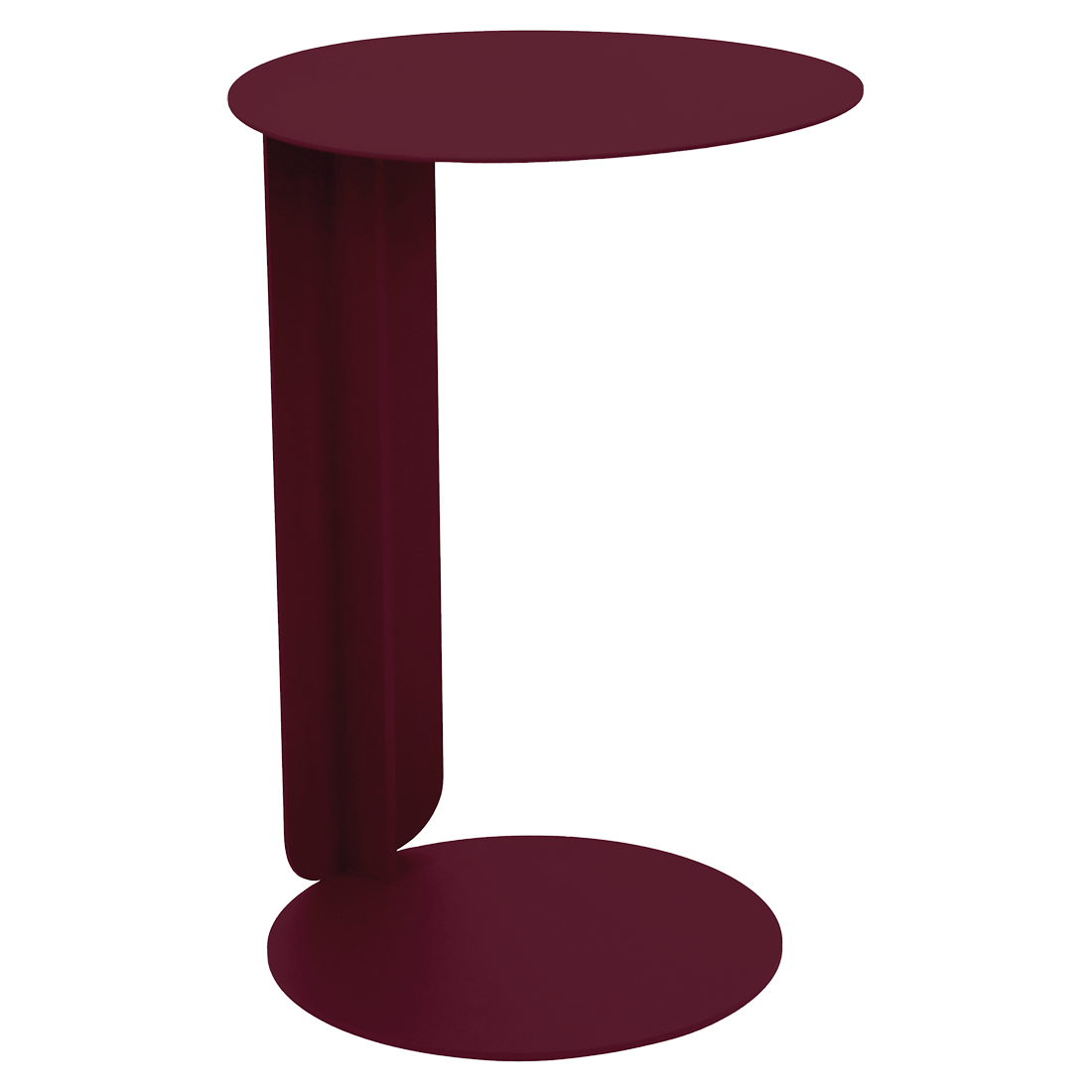 Table d'appoint moderne et minimaliste en marron, inspirée de la collection Bebop, avec un plateau et une base ronds avec un seul support vertical les reliant d'un côté - parfait pour une table déportée chic.