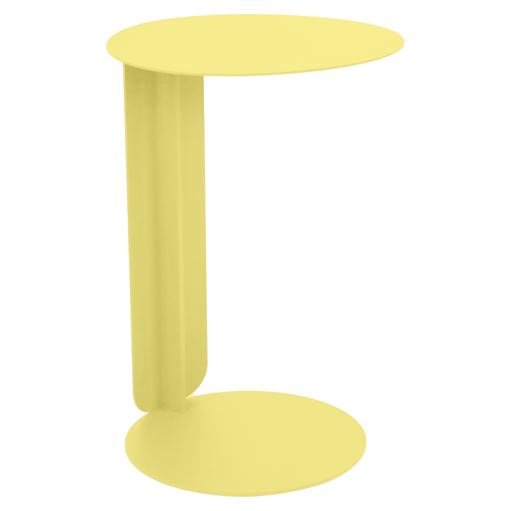 Petite table d'appoint Bebop jaune et ronde, dont le plateau et la base sont reliés par un seul support vertical.