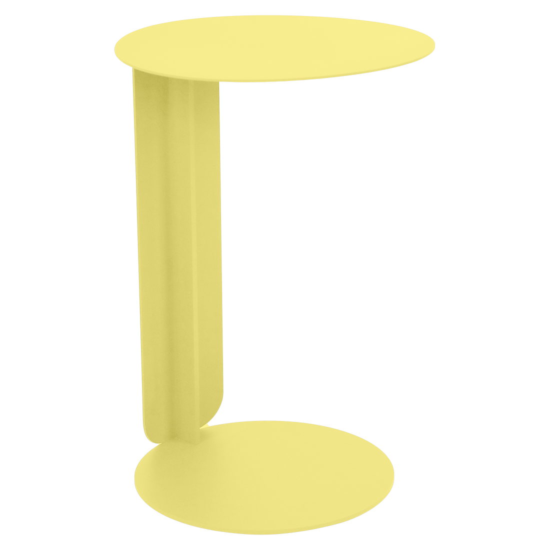 Petite table d'appoint Bebop jaune et ronde, dont le plateau et la base sont reliés par un seul support vertical.