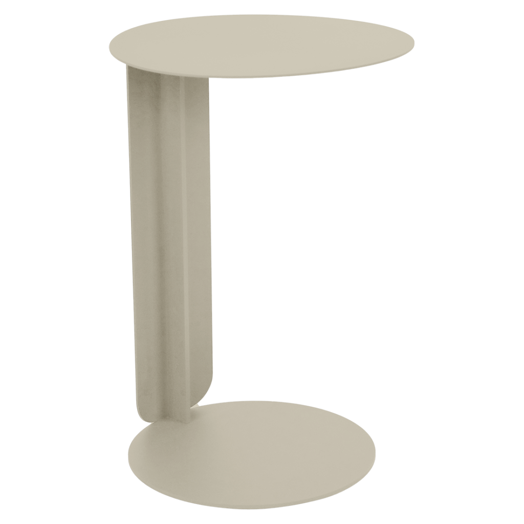 Table d'appoint ronde beige, moderne, au design minimaliste, inspirée du style Bebop, avec un plateau plat, une base circulaire et un support vertical les reliant.