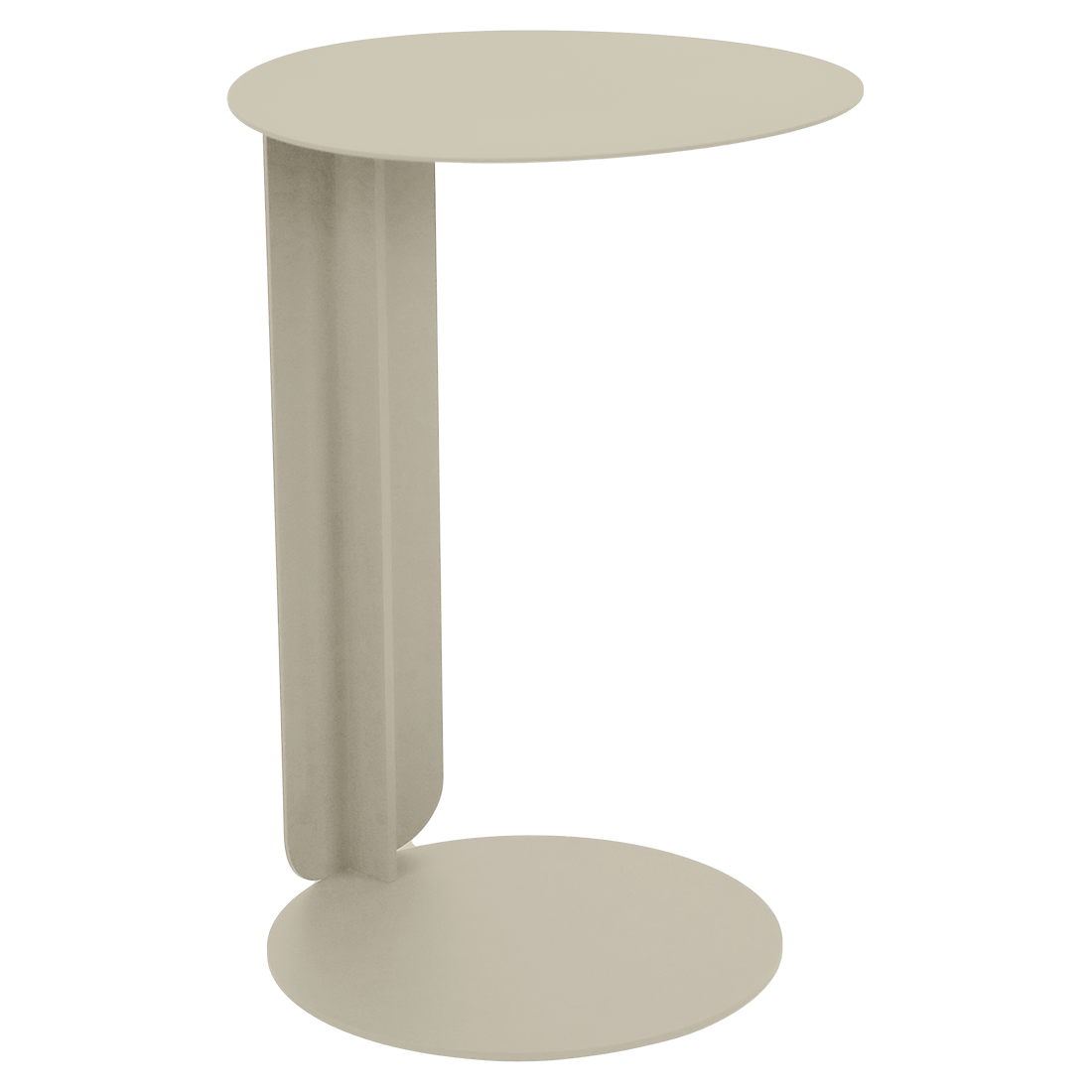 Table d'appoint ronde beige, moderne, au design minimaliste, inspirée du style Bebop, avec un plateau plat, une base circulaire et un support vertical les reliant.