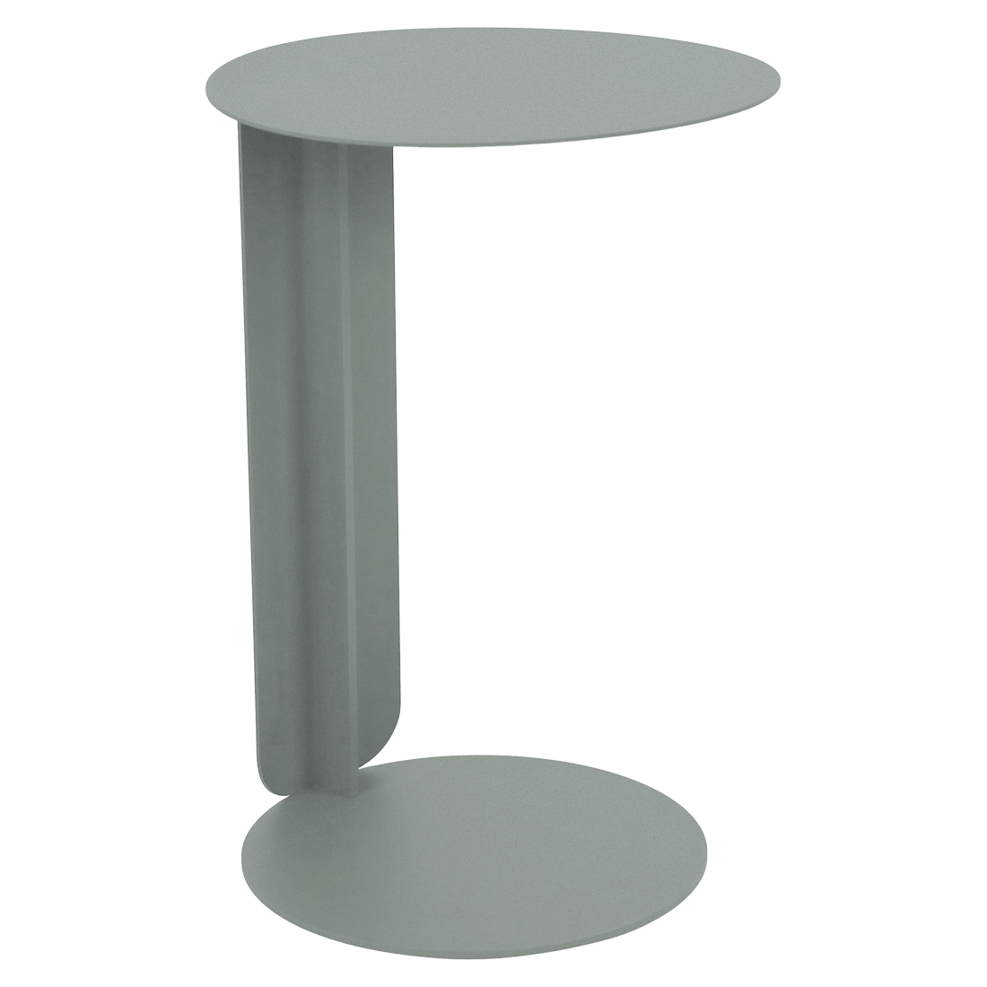 Petite table d'appoint ronde en métal gris clair de la collection Bebop, avec un plateau et un fond circulaires reliés par un seul panneau vertical.