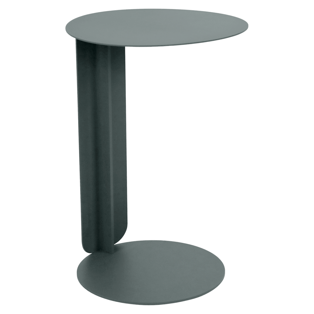 Une petite table d'appoint moderne déportée avec un plateau et une base ronds reliés par un seul support vertical en gris foncé mat - parfaite pour ajouter une touche Bebop à votre espace de vie.