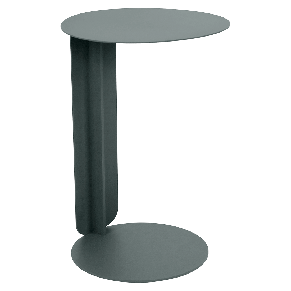 Une petite table d'appoint moderne déportée avec un plateau et une base ronds reliés par un seul support vertical en gris foncé mat - parfaite pour ajouter une touche Bebop à votre espace de vie.