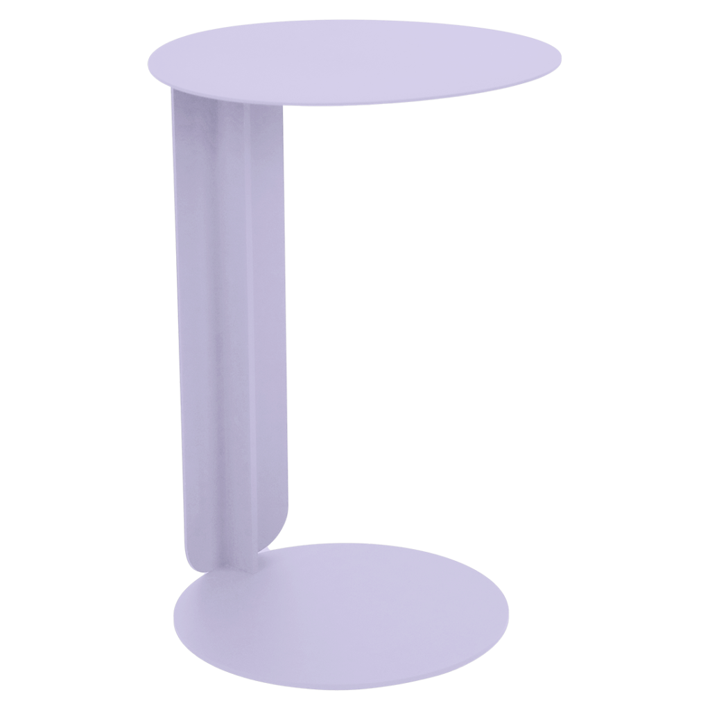 Table minimaliste lavande déportée avec un plateau rond, un support vertical solide et une base ronde assortie - parfaite pour accentuer votre espace dans le style Bebop moderne.