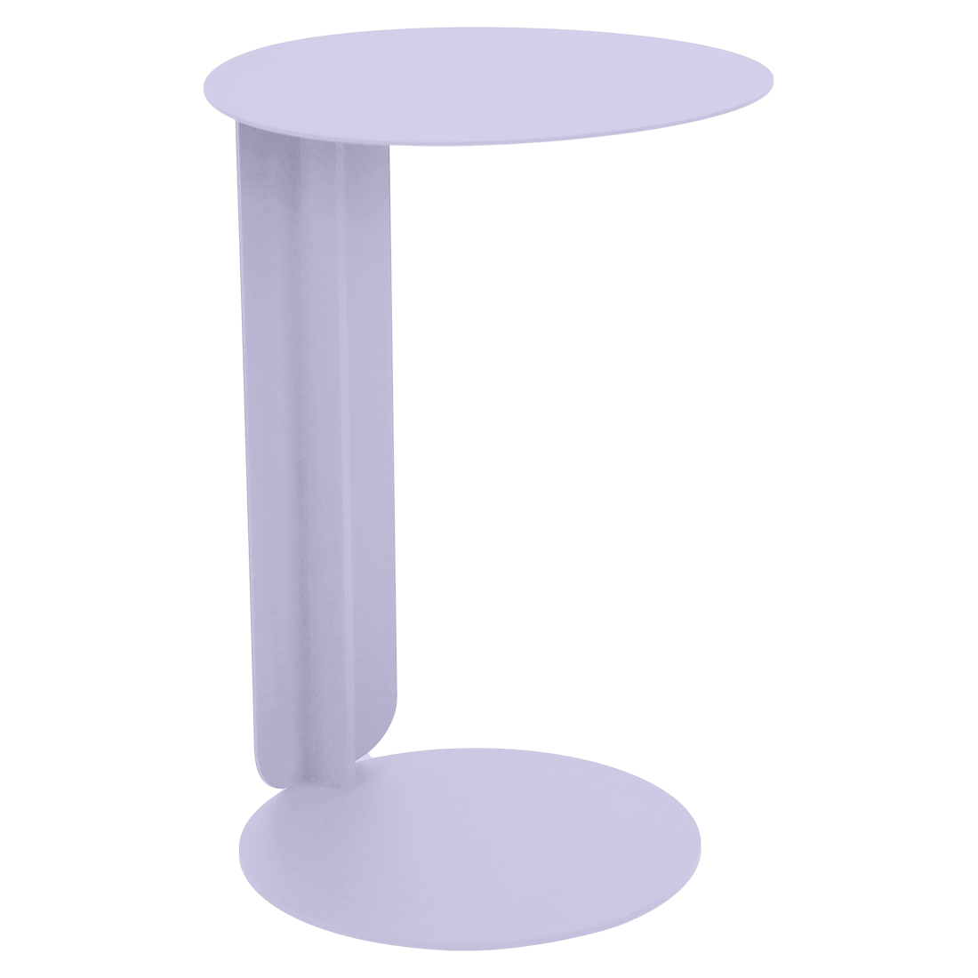 Table minimaliste lavande déportée avec un plateau rond, un support vertical solide et une base ronde assortie - parfaite pour accentuer votre espace dans le style Bebop moderne.