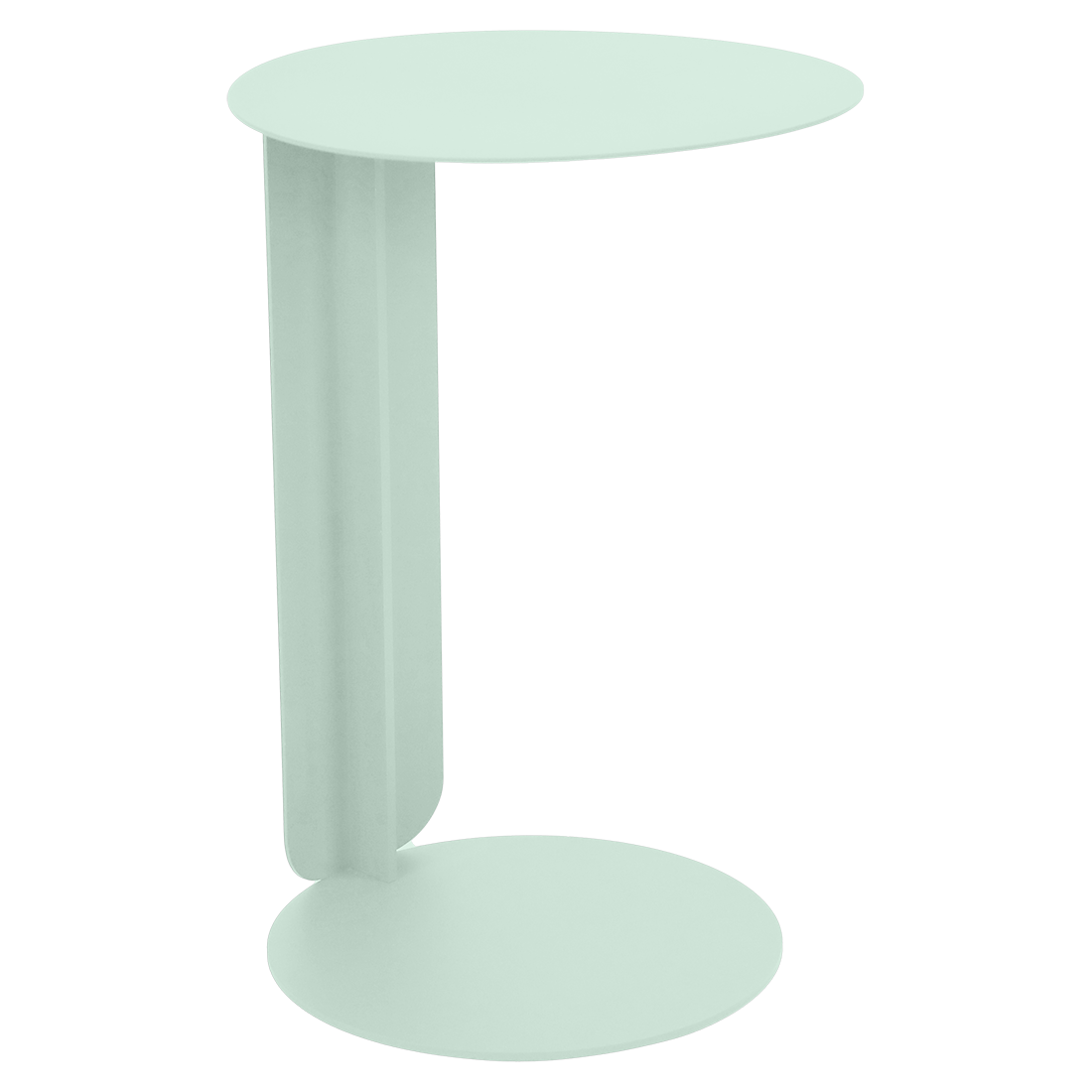 Table déportée minimaliste en métal vert clair, composée de deux surfaces circulaires reliées par un panneau vertical sur un côté.