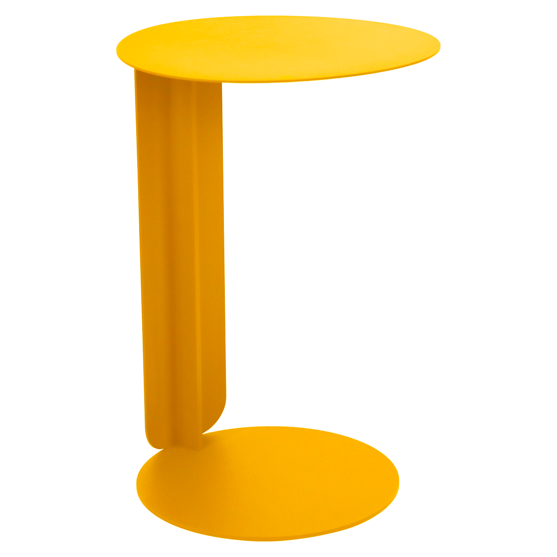 Table d'appoint moderne, ronde et jaune, inspirée du design Bebop, avec un seul support vertical et deux surfaces circulaires, sur fond jaune.