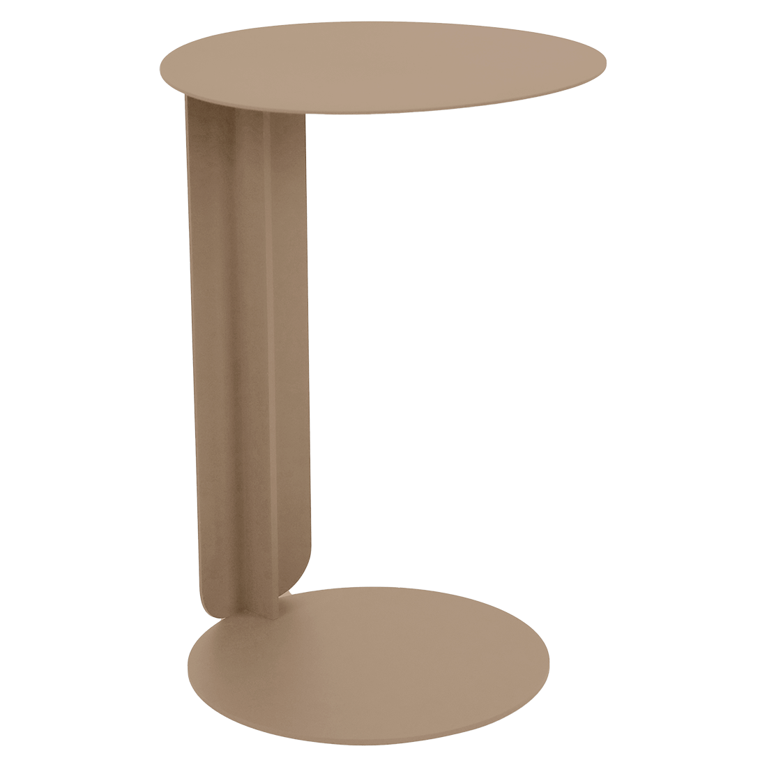 Table d'appoint ronde et moderne en métal beige, inspirée du style Bebop, avec un plateau circulaire, une base assortie et un seul support vertical les reliant d'un côté.
