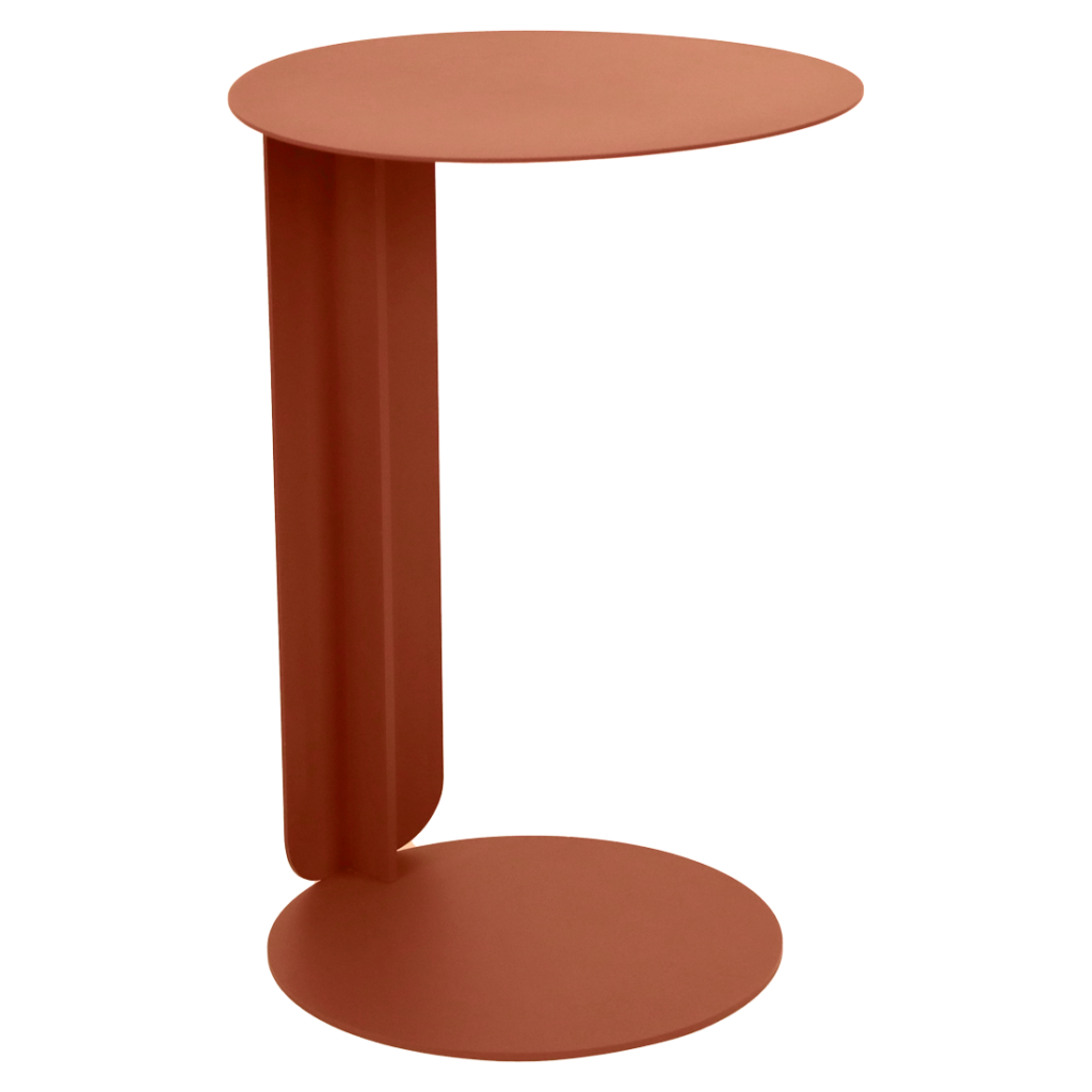 Table d'appoint moderne et minimaliste avec un plateau et une base ronds, reliés par un panneau vertical, le tout dans une finition Orange Confite mate.