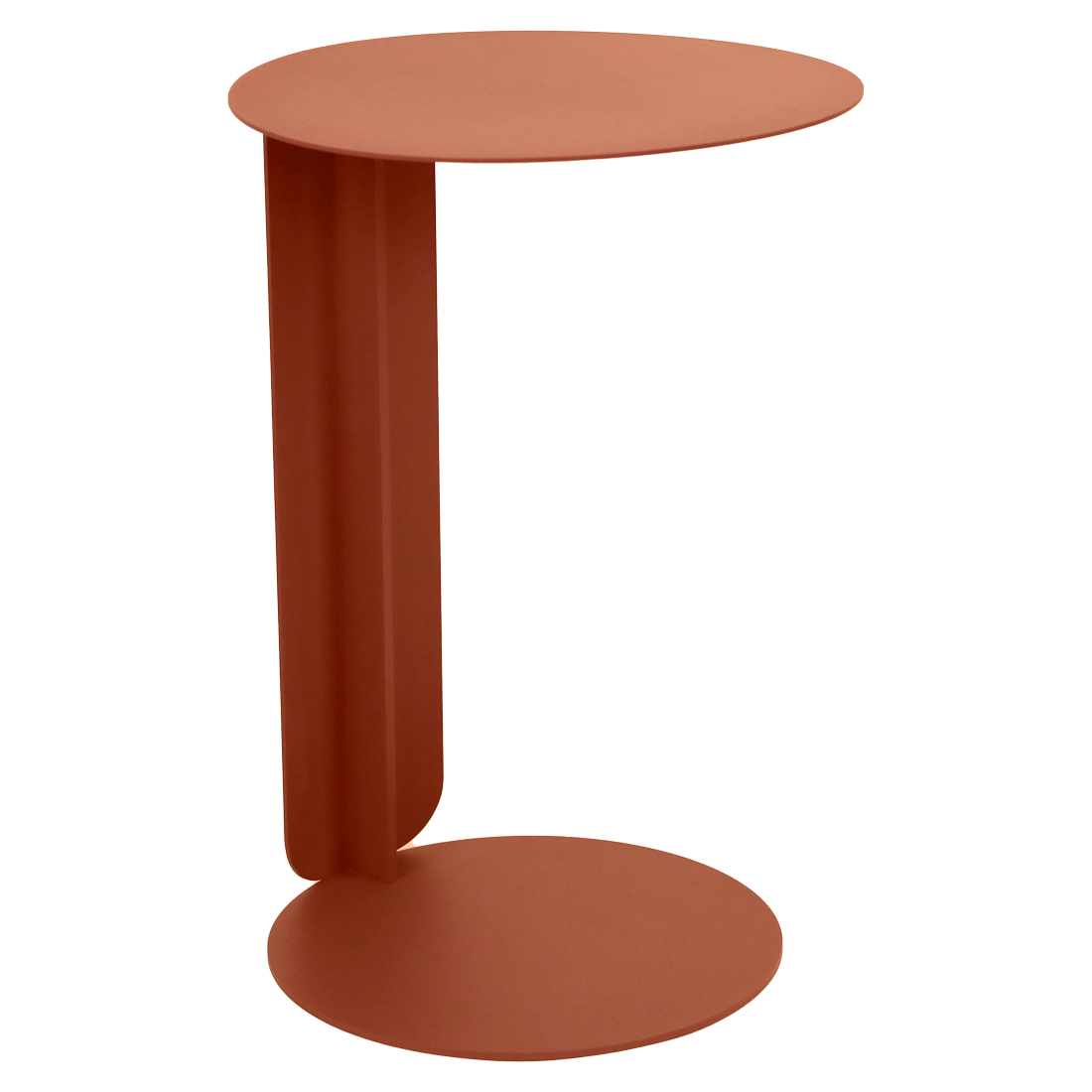 Table d'appoint moderne et minimaliste avec un plateau et une base ronds, reliés par un panneau vertical, le tout dans une finition Orange Confite mate.
