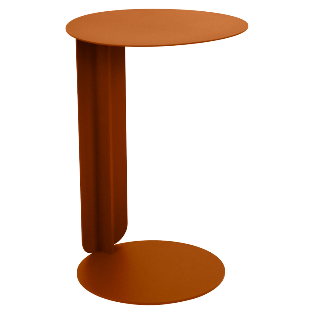 Une table déportée moderne et minimaliste avec un plateau et une base ronds, reliés par un seul support vertical, le tout dans une couleur marron unie. Idéale pour tout espace recherchant une touche d'élégance discrète et un design fonctionnel.