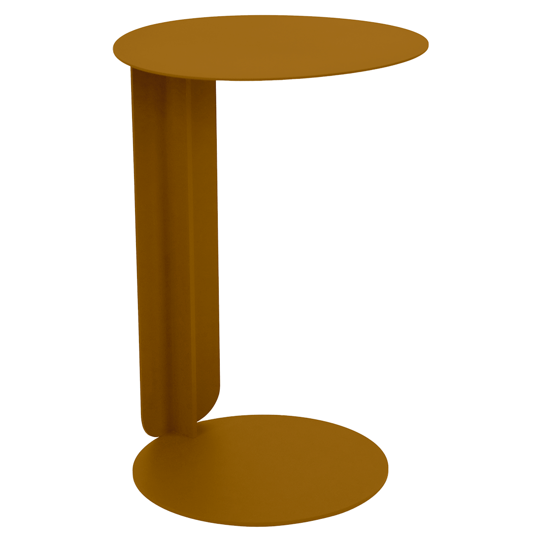 Une petite table d'appoint ronde et moderne avec une finition couleur rouille, inspirée de la palette Orange Confite. Son design de table déportée en forme de C se caractérise par des panneaux circulaires sur le dessus et la base, reliés par un support vertical épuré.