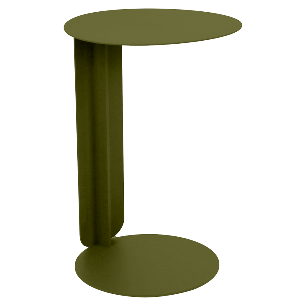 Table déportée en métal vert olive avec un plateau rond, une base assortie et un seul support vertical. Parfaite pour ajouter une touche Bebop à n'importe quel espace.