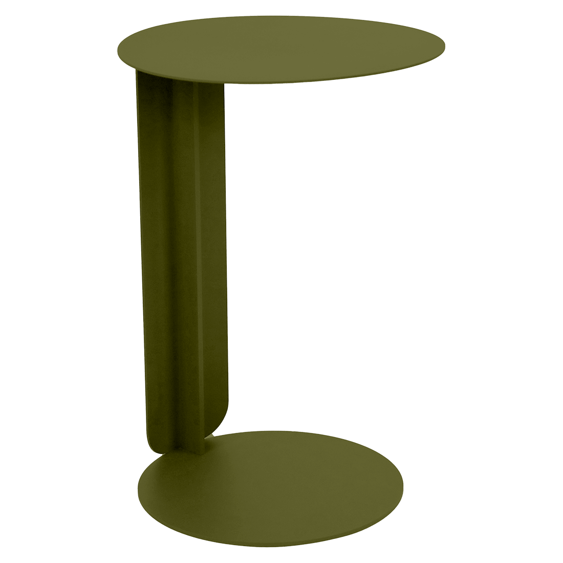 Table déportée en métal vert olive avec un plateau rond, une base assortie et un seul support vertical. Parfaite pour ajouter une touche Bebop à n'importe quel espace.