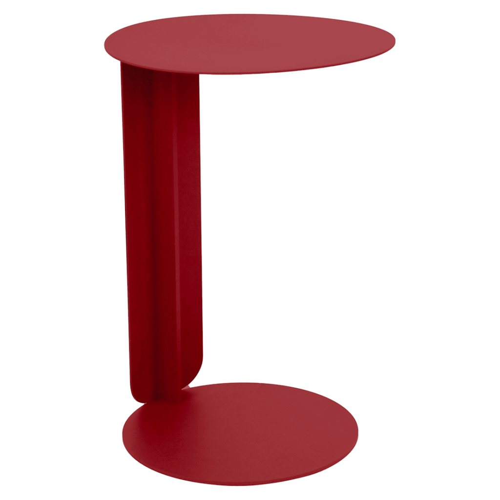 Petite table d'appoint moderne en métal Orange Confite, avec un plateau et une base ronds reliés par un support vertical incurvé, inspirée du style ludique Bebop.