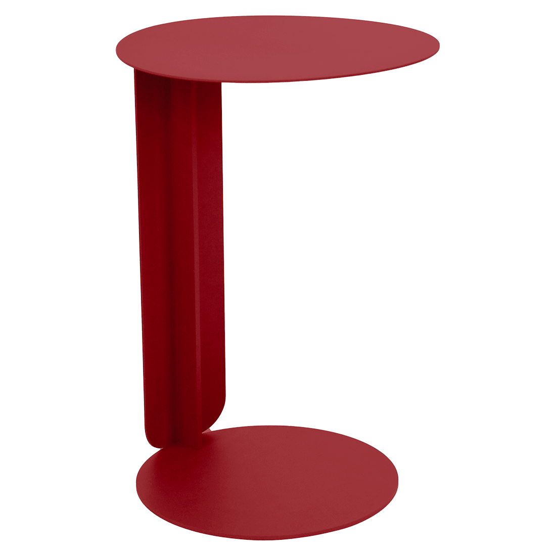 Petite table d'appoint moderne en métal Orange Confite, avec un plateau et une base ronds reliés par un support vertical incurvé, inspirée du style ludique Bebop.