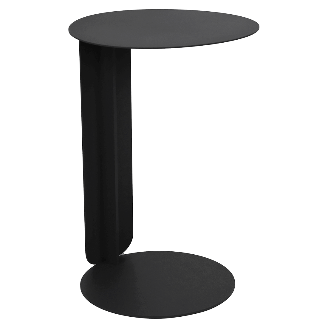Petite table moderne Bebop en métal noir avec un plateau et une base ronds, reliés par un seul panneau vertical déporté d'un côté pour un look élégant et asymétrique.