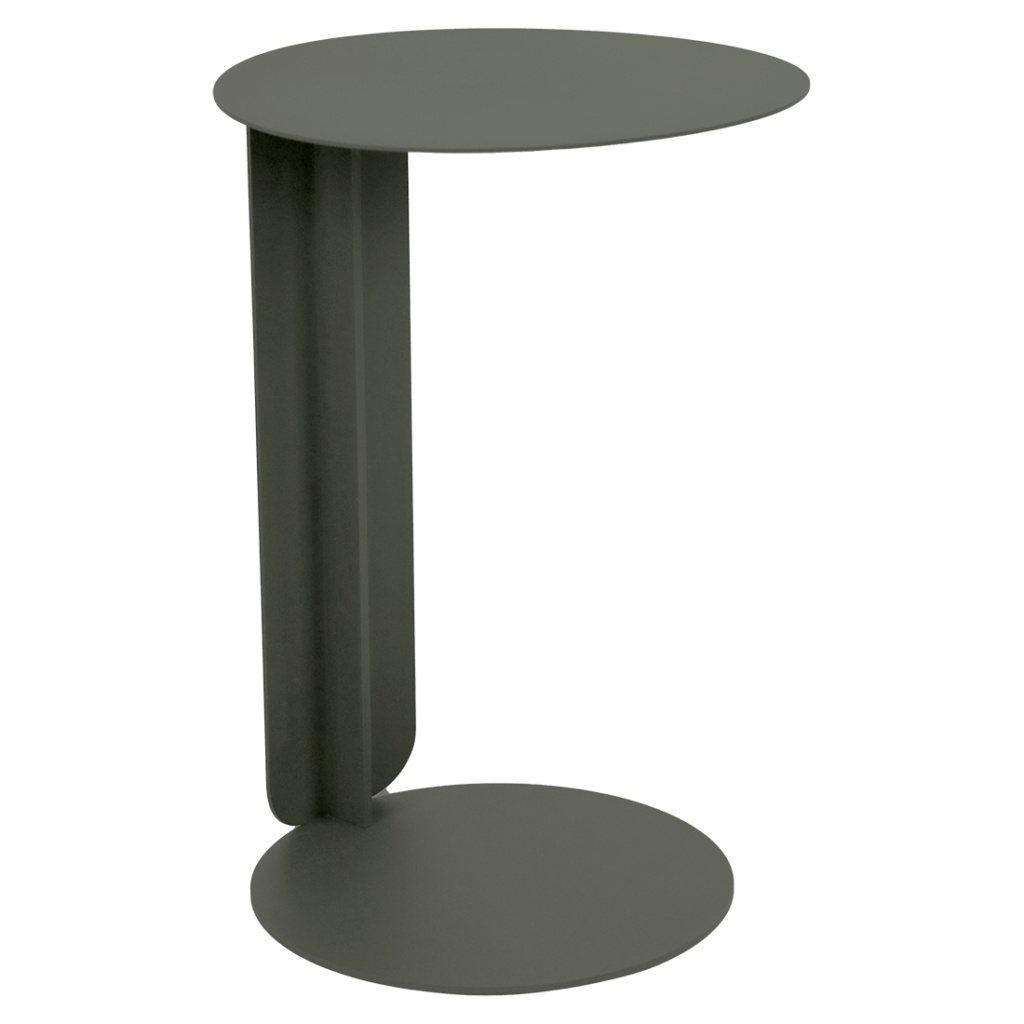 Petite table d'appoint ronde et moderne en gris foncé mat avec un plateau circulaire solide, une base circulaire et un support vertical le long d'un côté - parfaite comme table déportée contemporaine pour votre espace.