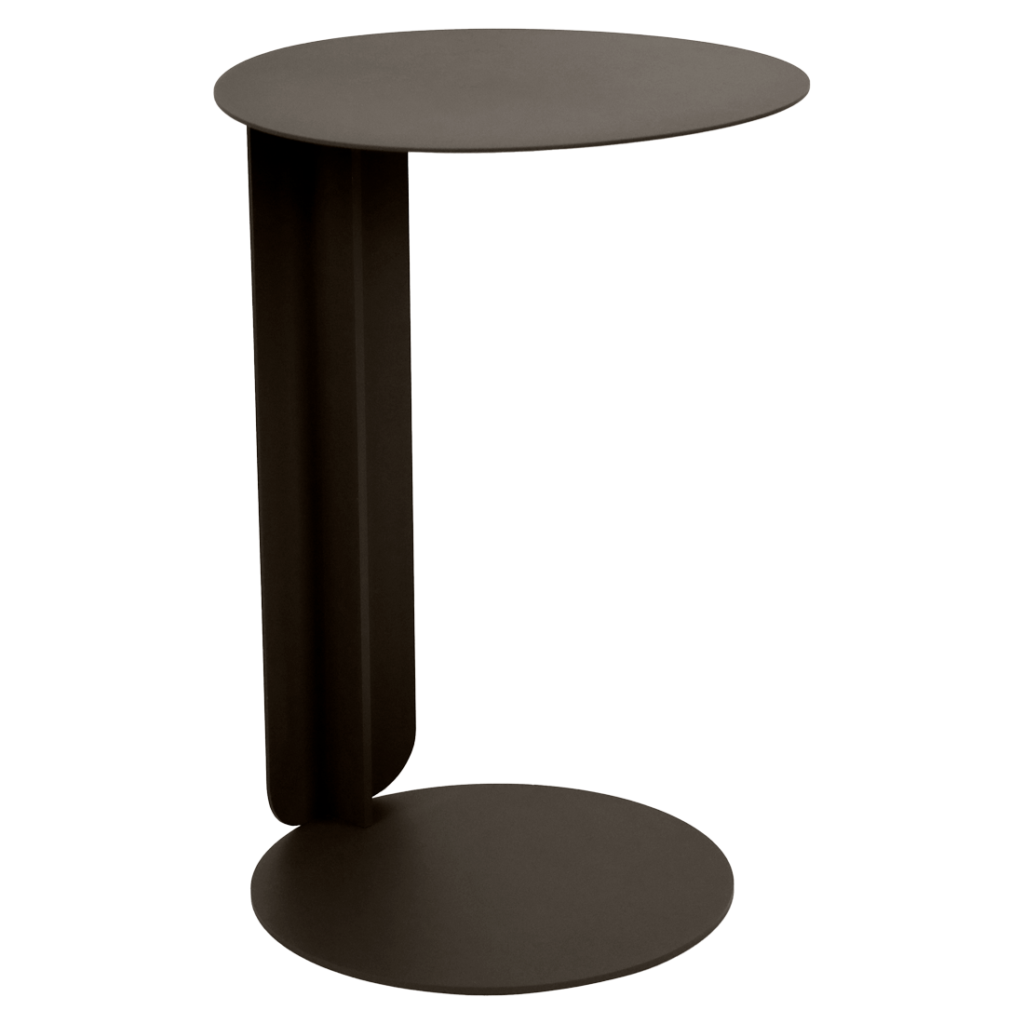 Cette table déportée moderne et minimaliste se compose d'un plateau et d'une base ronds reliés par un seul support vertical incurvé de couleur foncée. Elle est idéale pour ajouter une sophistication élégante à tout espace.