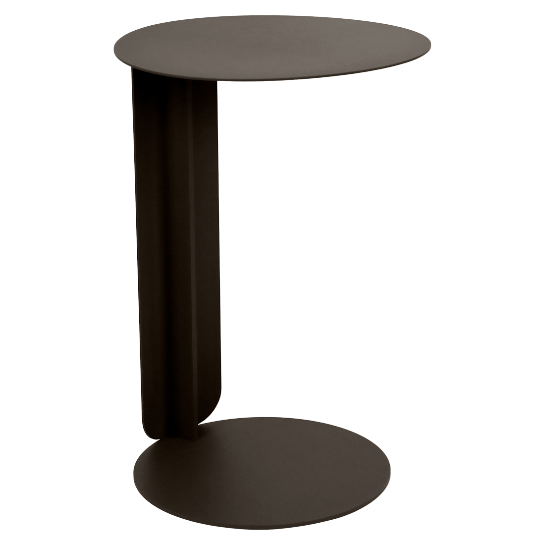 Cette table déportée moderne et minimaliste se compose d'un plateau et d'une base ronds reliés par un seul support vertical incurvé de couleur foncée. Elle est idéale pour ajouter une sophistication élégante à tout espace.