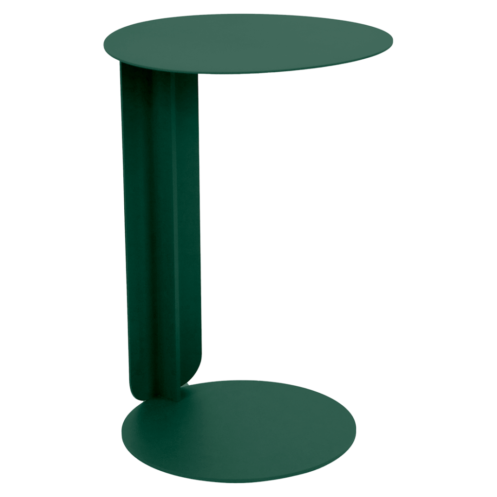Petite table d'appoint ronde et verte, au design Bebop moderne et minimaliste, avec un support vertical reliant les surfaces circulaires supérieure et inférieure.