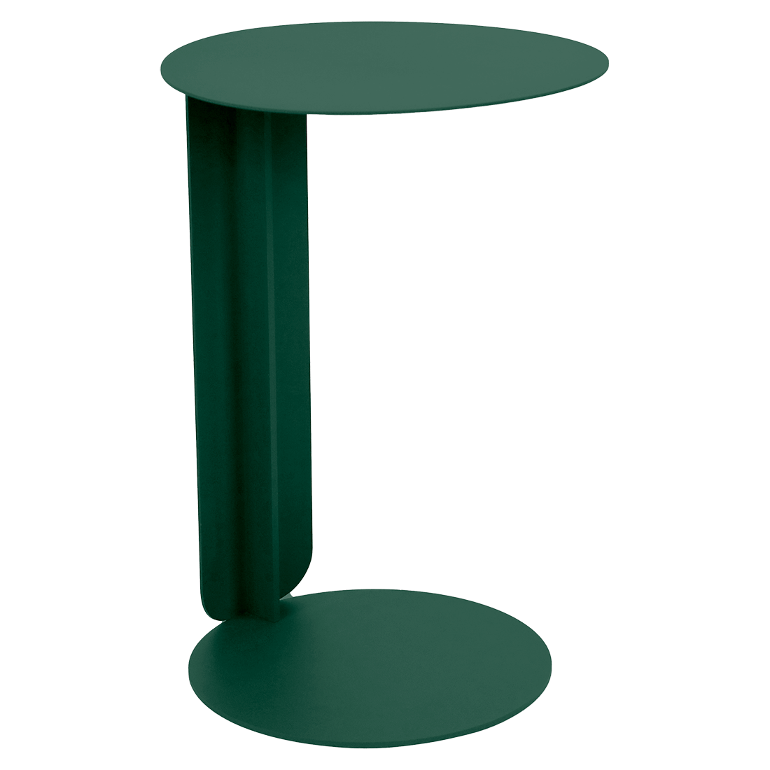 Petite table d'appoint ronde et verte, au design Bebop moderne et minimaliste, avec un support vertical reliant les surfaces circulaires supérieure et inférieure.