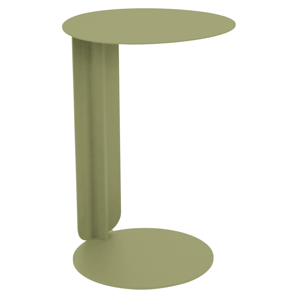 Petite table d'appoint Bebop, ronde et vert olive, au design minimaliste, avec un support vertical reliant le plateau et la base.