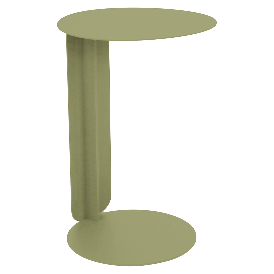Petite table d'appoint Bebop, ronde et vert olive, au design minimaliste, avec un support vertical reliant le plateau et la base.