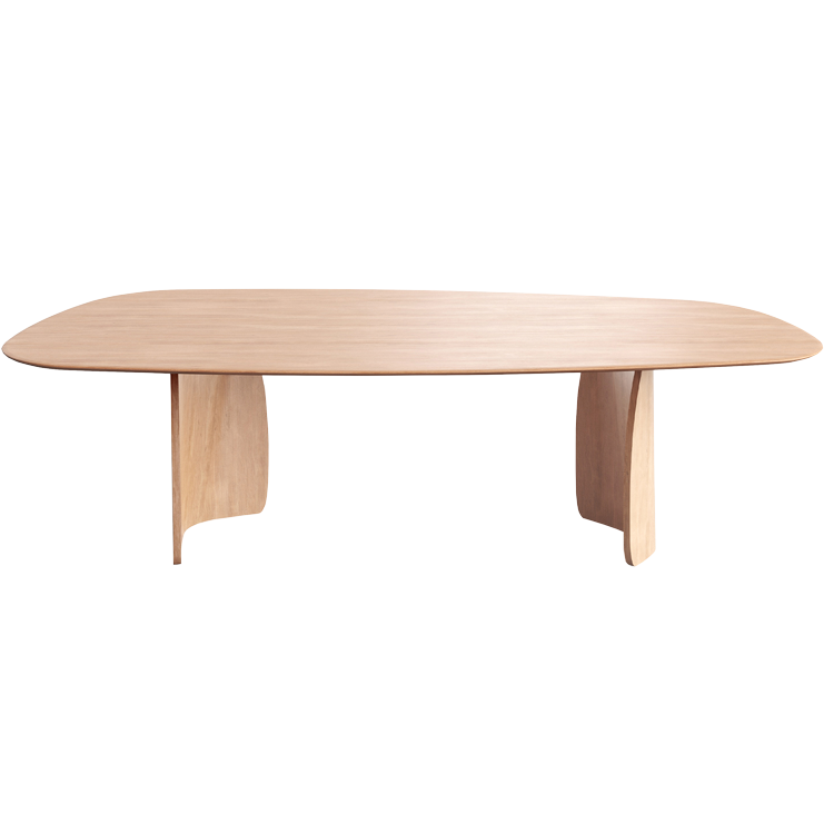 Table rectangulaire Dolmen en chêne massif, avec des bords arrondis et deux larges pieds courbés. Dimensions : 120x300cm : 120x300cm. Sur fond blanc uni.