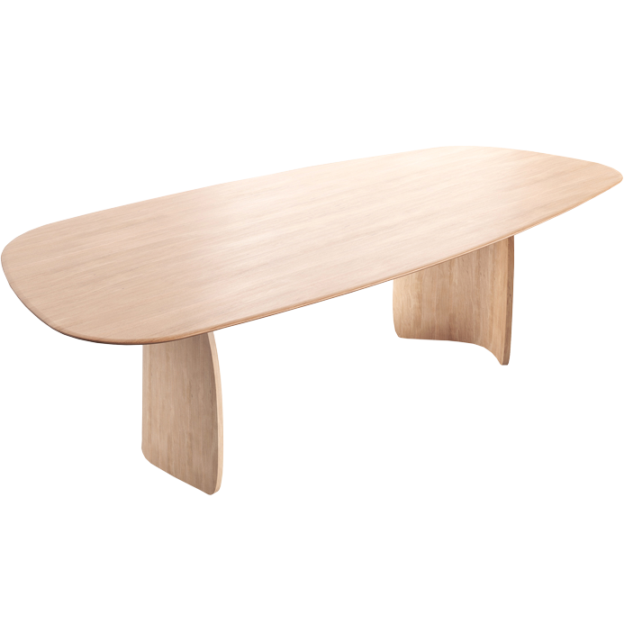 Grande table Dolmen Organic en chêne massif, avec un plateau ovale de 120 x 300 cm et deux larges pieds panneaux incurvés.