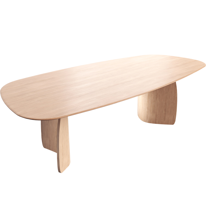 Table moderne Dolmen en chêne massif avec un plateau ovale (120x300cm) et deux larges pieds galbés, sur fond blanc uni.