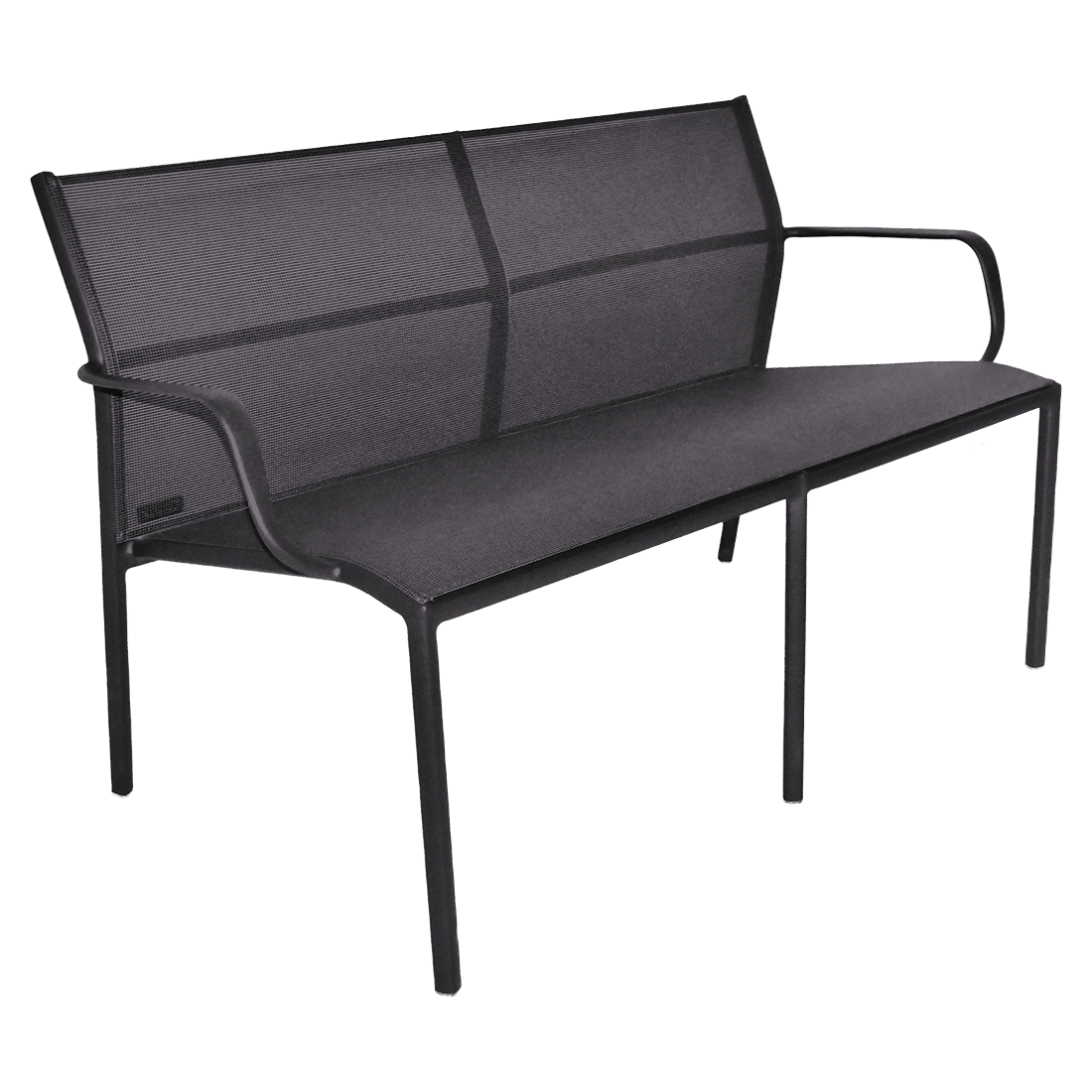 Banc moderne en métal noir Cadiz avec dossier et assise en maille, doté d'accoudoirs des deux côtés et de quatre pieds droits - parfait pour un duo de banquettes chic dans n'importe quel espace.