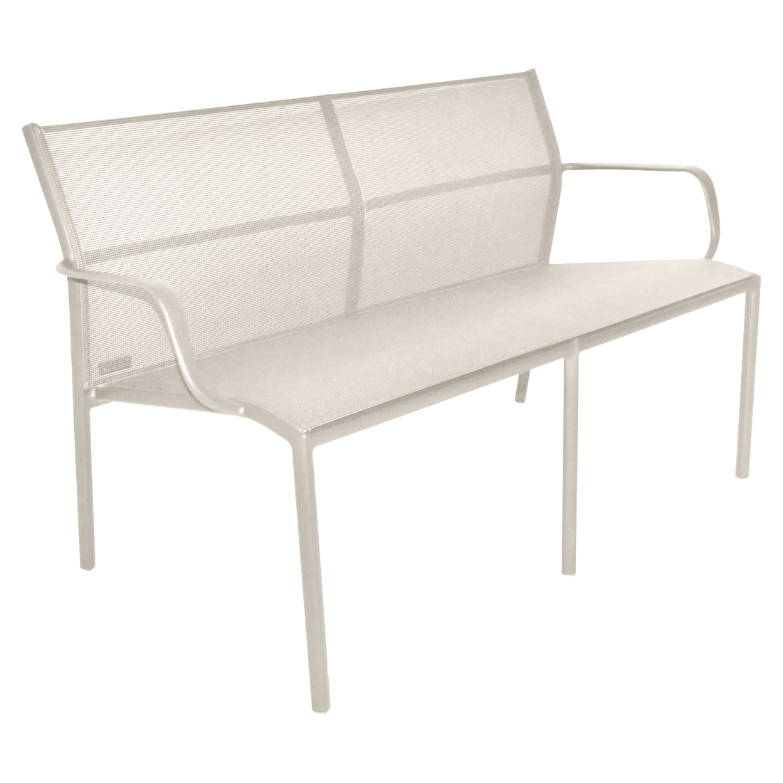 Banquette en métal duo Cadiz avec dossier en maille et assise en Gris argile, avec accoudoirs des deux côtés et quatre pieds droits.