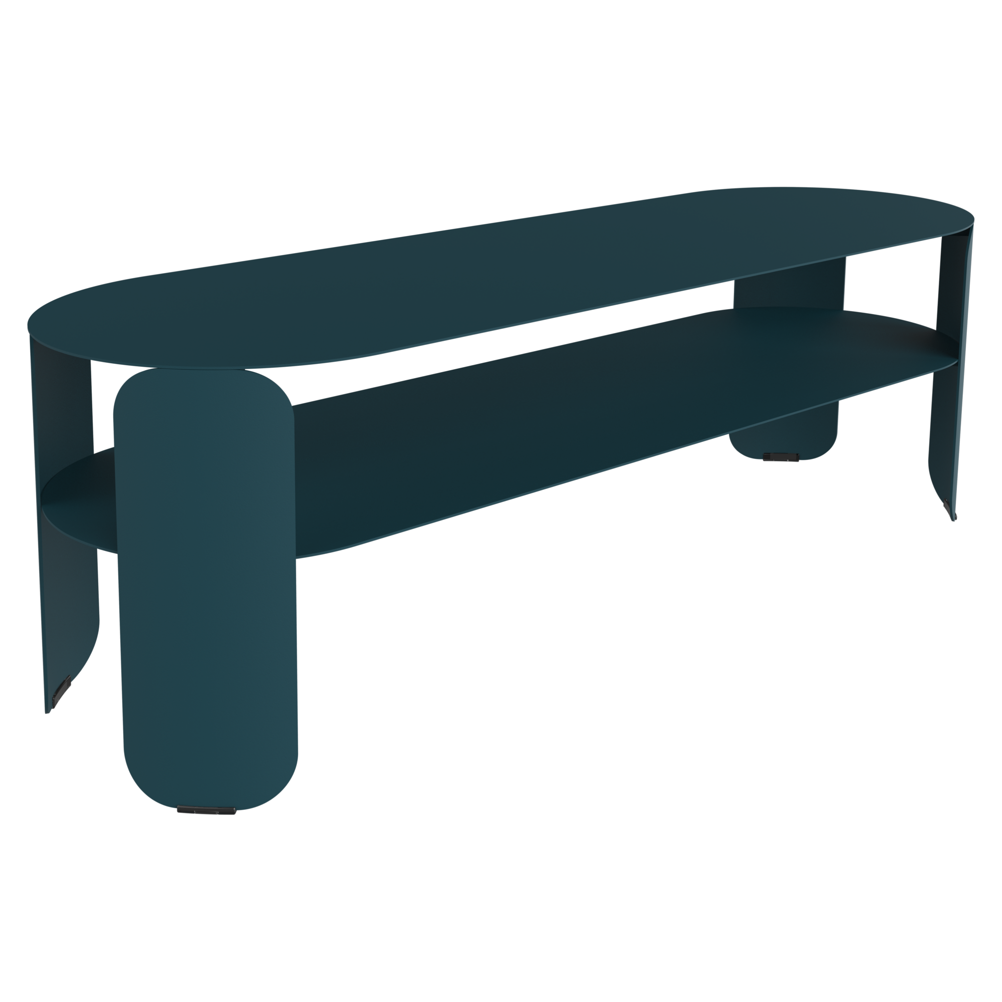 Console basse Bebop en Vert sarcelle foncé avec un plateau métallique de forme ovale, des pieds arrondis et une étagère inférieure, élégamment présentée sur un fond noir.