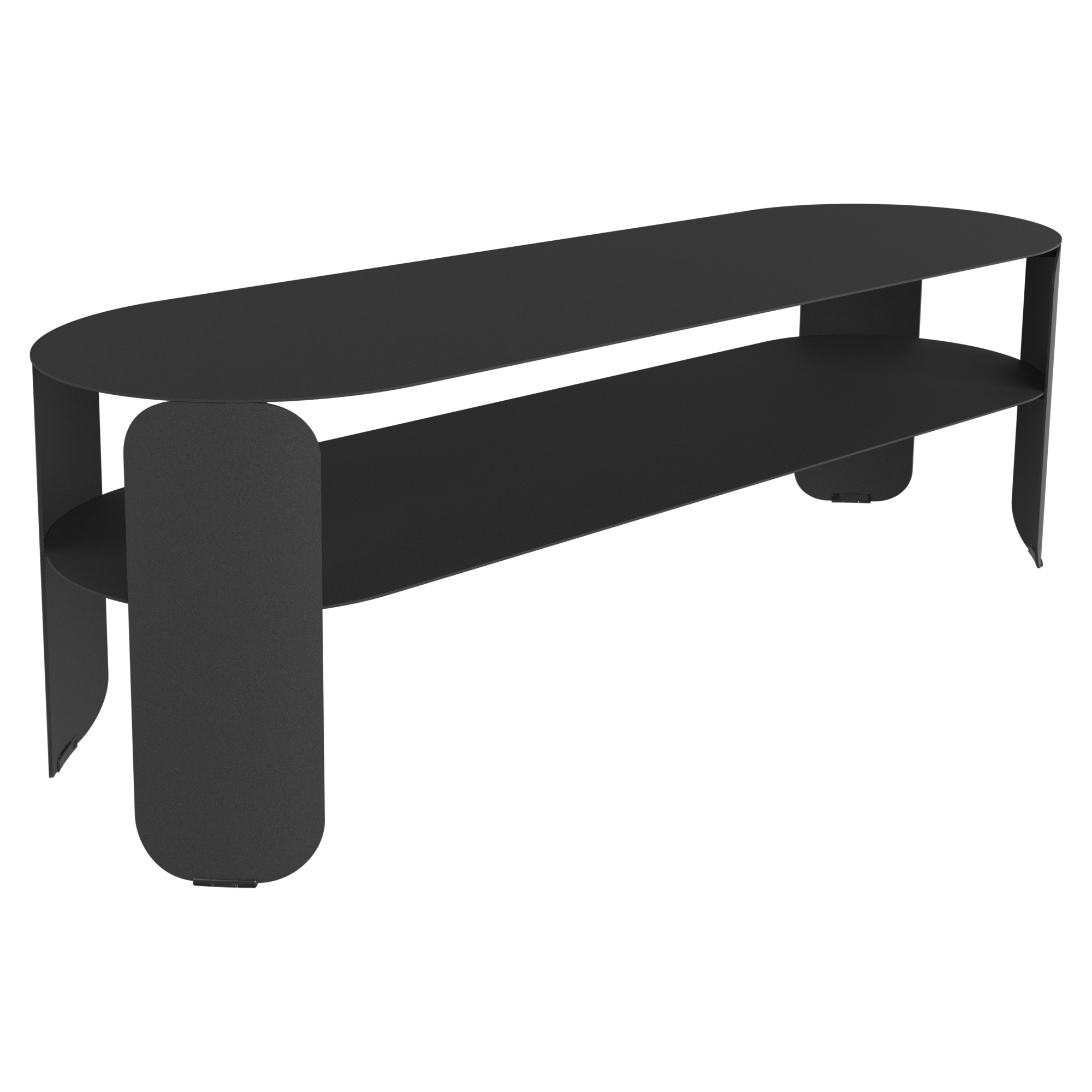 Console basse moderne et minimaliste en métal noir avec des bords arrondis et une étagère inférieure ouverte, sur fond noir. Le subtil accent Vert cèdre ajoute une touche d'élégance à cette élégante pièce inspirée du Bebop.