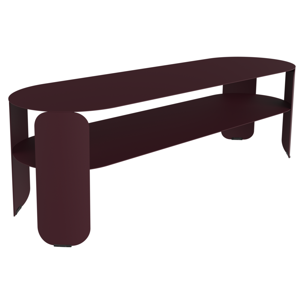 Table ovale moderne de couleur bordeaux foncé avec des bords arrondis et une étagère inférieure, la console basse Bebop est fabriquée à partir d'un matériau solide et lisse.