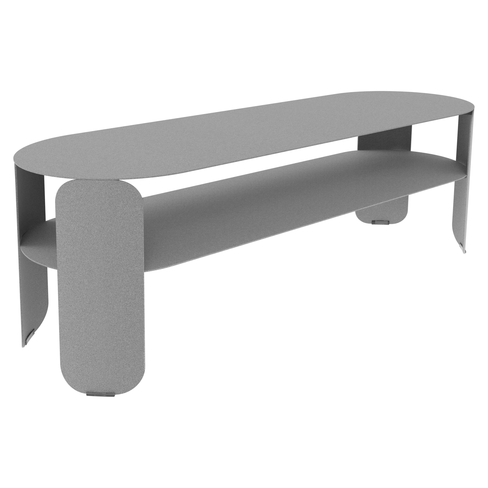 Console basse moderne et minimaliste en métal gris avec des coins arrondis et une étagère inférieure ouverte, sur fond noir.